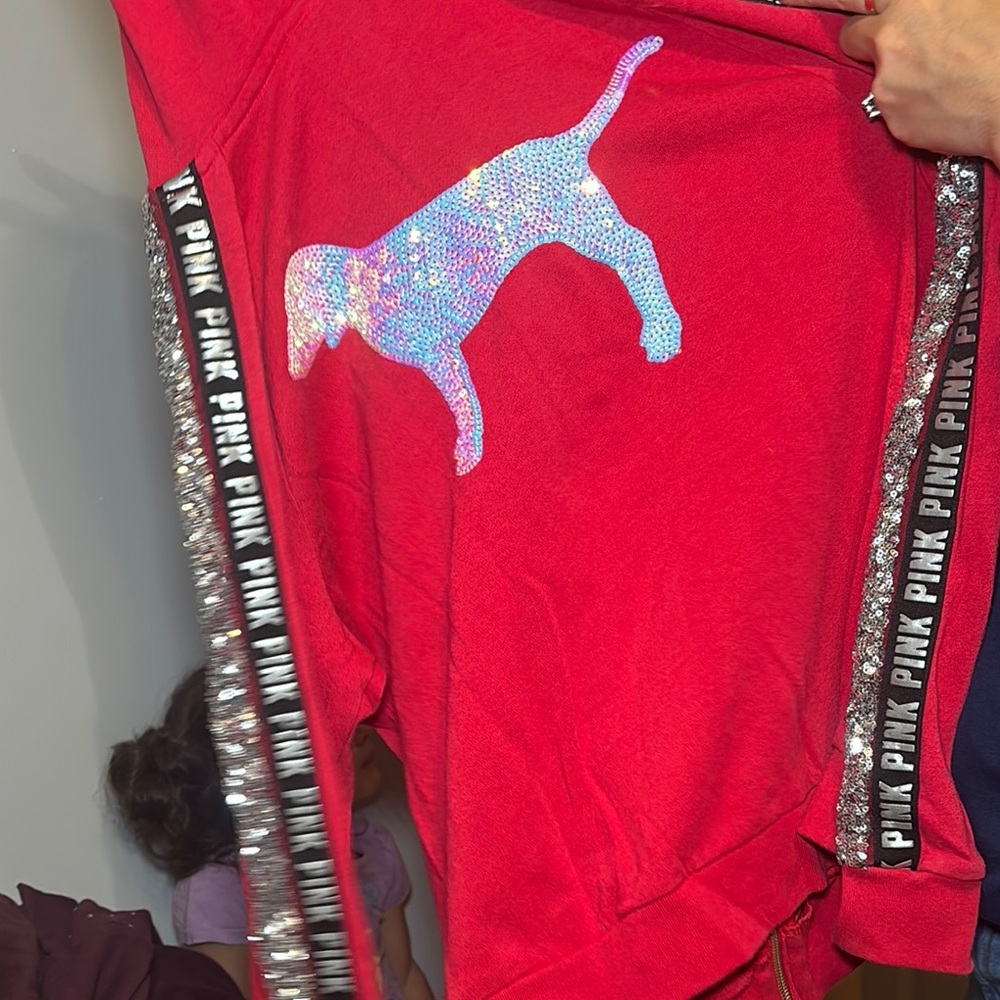 PINK Victoria's Secret Red Zip-Up Hoodie with Striped Sleeves - Picture 3 of 3